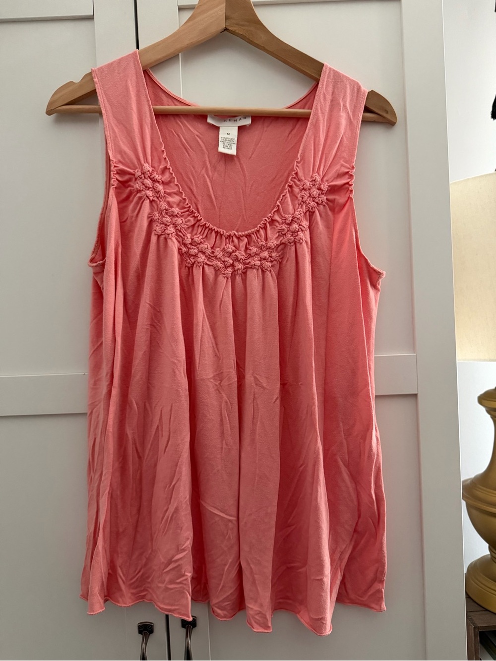 Kenar Coral Pink Sleeveless Smocked Scoop Neck Tank